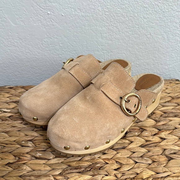 Tan Suede Clogs with Gold Buckle - Picture 2 of 7